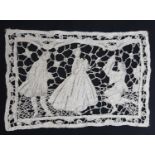 Interesting figurative lace scene of early Italian gros point needle lace depicting 3 figures in mid