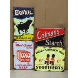 Four hand painted vintage style rectangular signs advertising Colemans starch, Bovril, Oxo Cube,