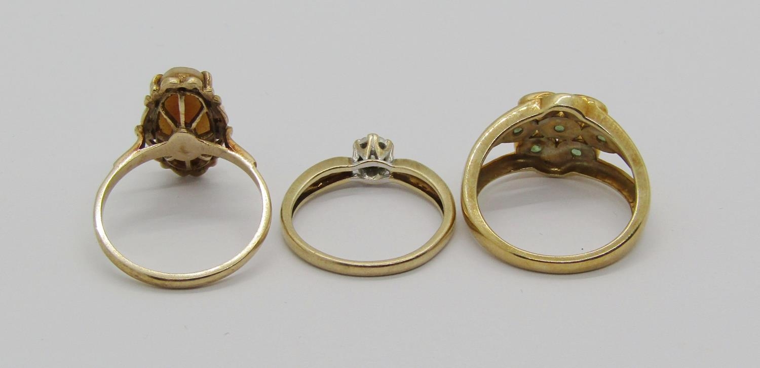 Three 9ct rings; a diamond solitaire, an aventurine cluster and a cameo example, 8.2g total (3) - Image 2 of 2