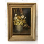 19th Century School - Blue and White Vase of Daffodils Still Life, unsigned, oil on canvas, 61 x