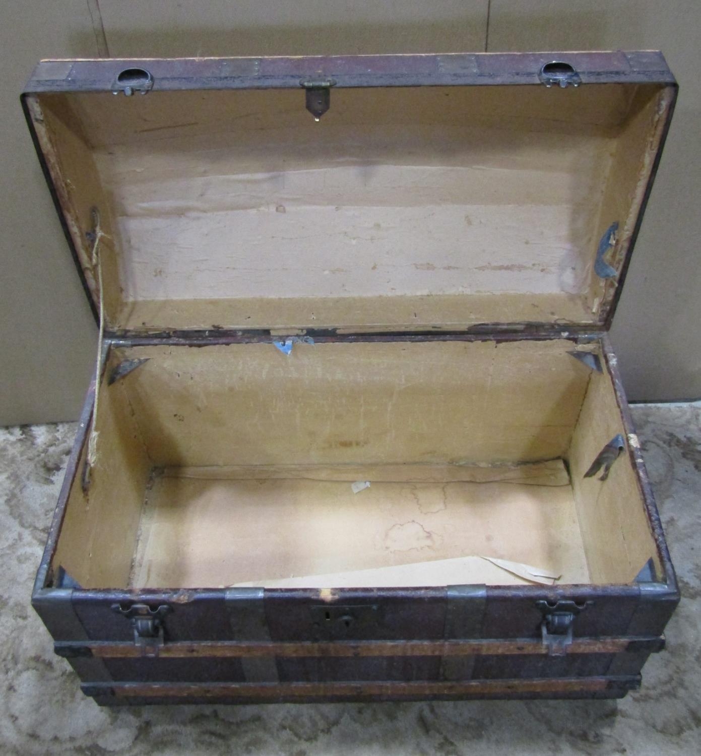 A vintage lathe bound domed top travelling trunk 82 cm long x 45 cm deep x 55 cm high, together with - Image 2 of 4