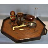 An octagonal wooden tray, a Russian Doll (4 dolls), a magnifying glass, a wooden Syrian inlaid pen/