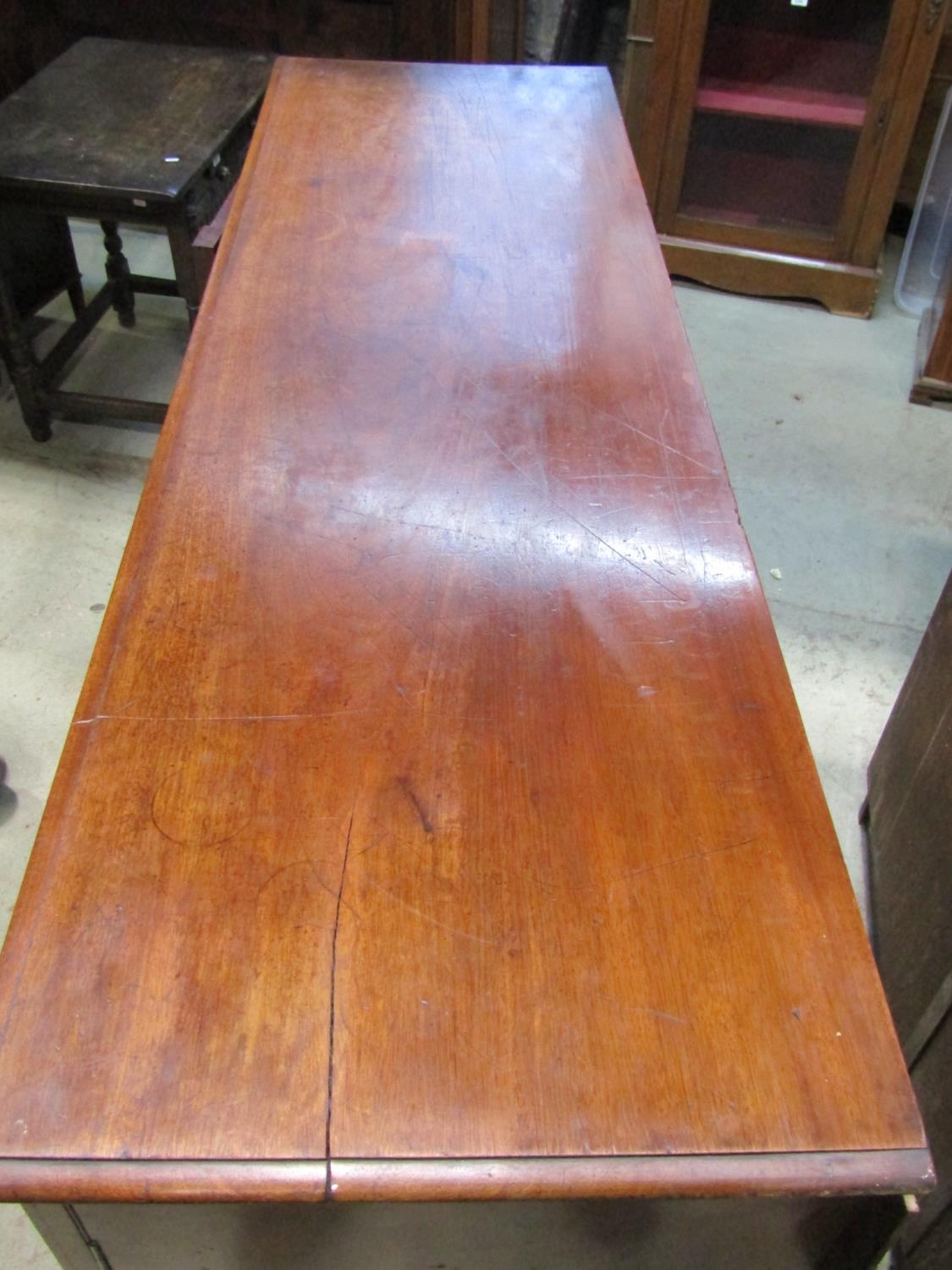 A Victorian mahogany linen cupboard enclosed by three moulded rectangular arched panelled doors, the - Image 2 of 4