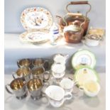 Two graduated 19th century copper kettles, Derby plate, silver plated tankards, etc