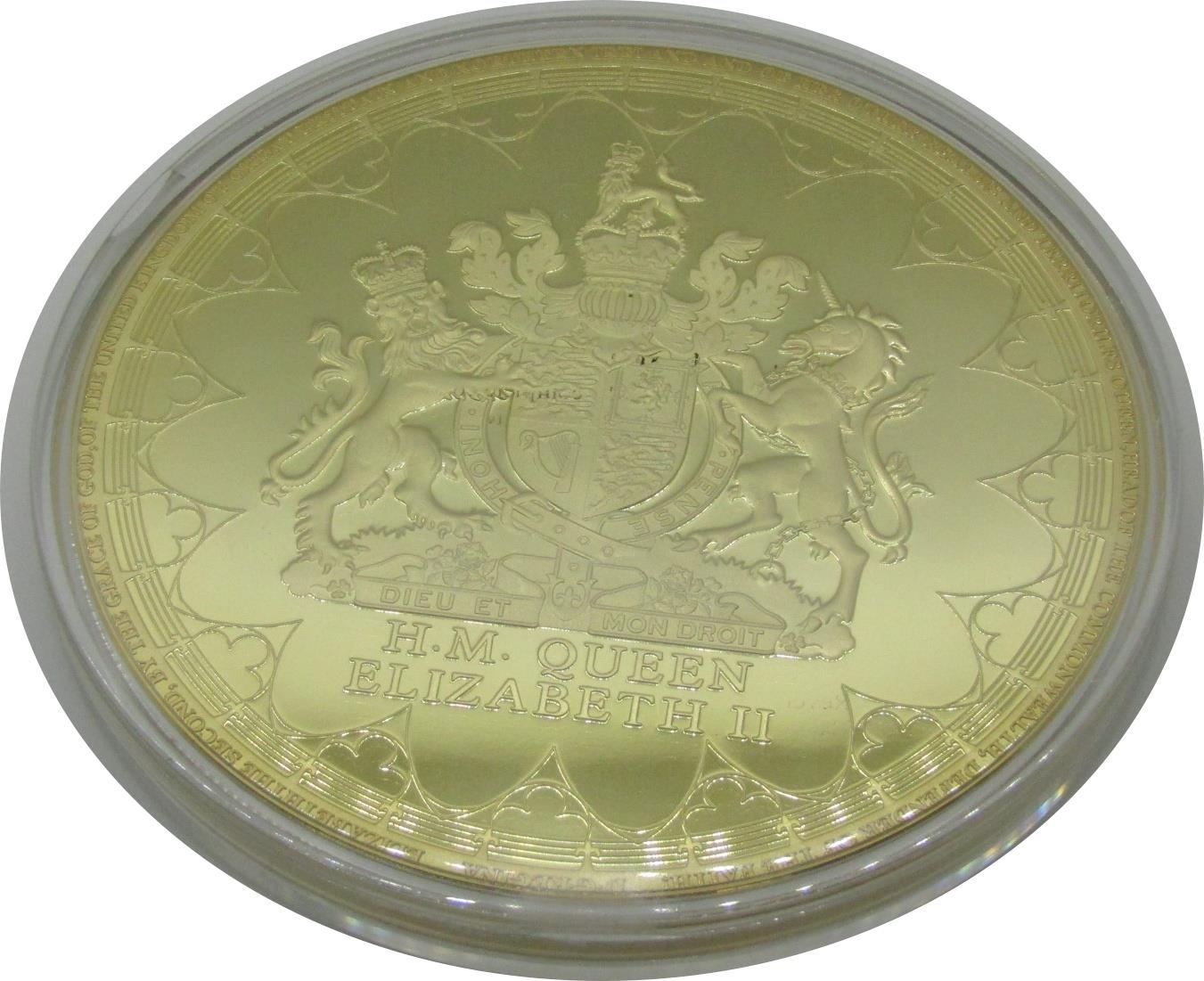 Four gold plated Jumbo strike medallions:- all 100 mm in diameter commemorating the Accession of Her - Image 4 of 8