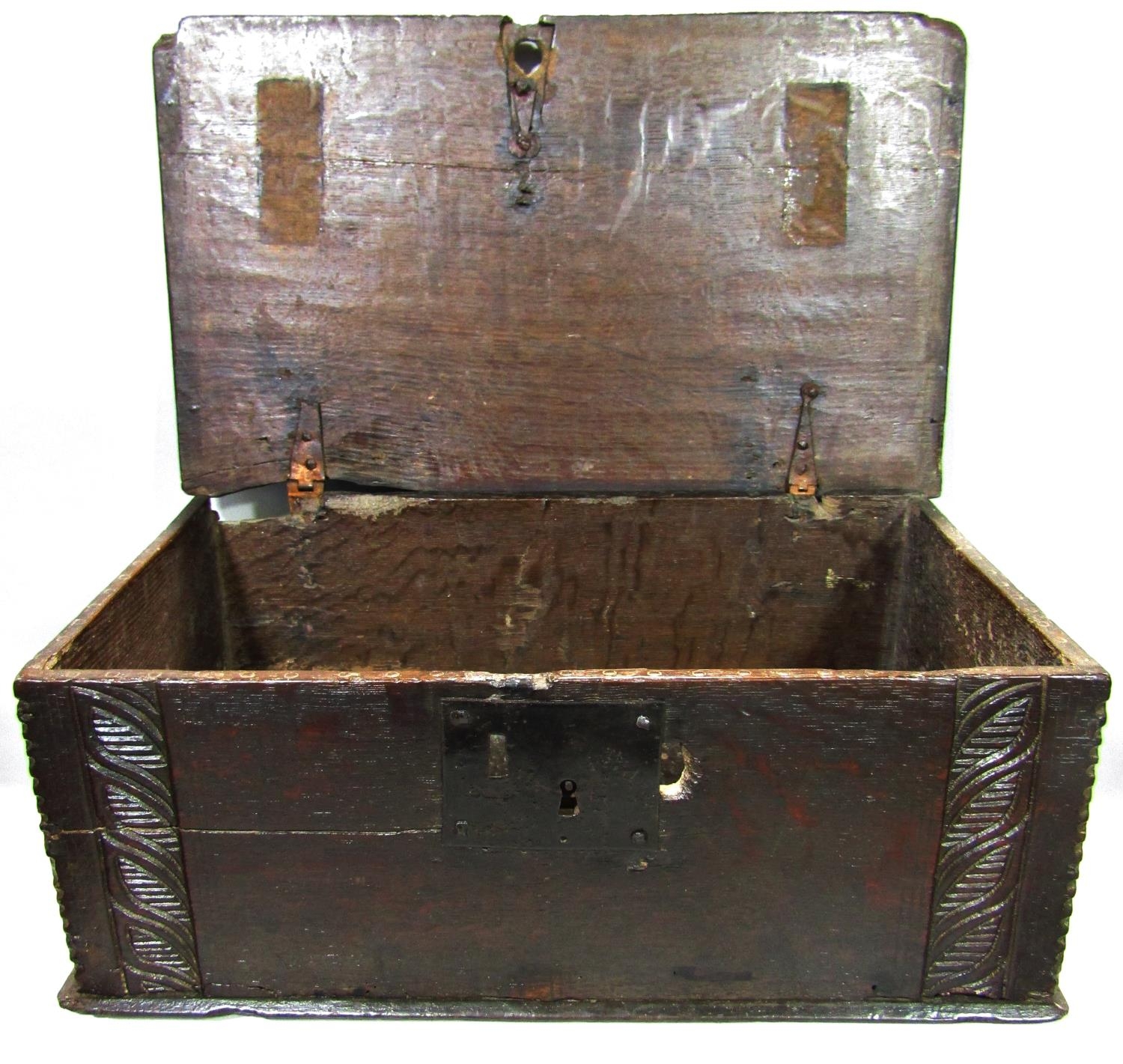 An 18th century oak bible box with steel lock plate with carved detail, a Japanese lacquered box - Image 2 of 5