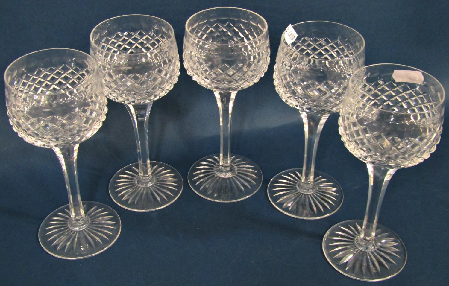 Six amber glass hock wine glasses with etched vine leaf decoration, five cut glass wine glass, and a - Image 3 of 3