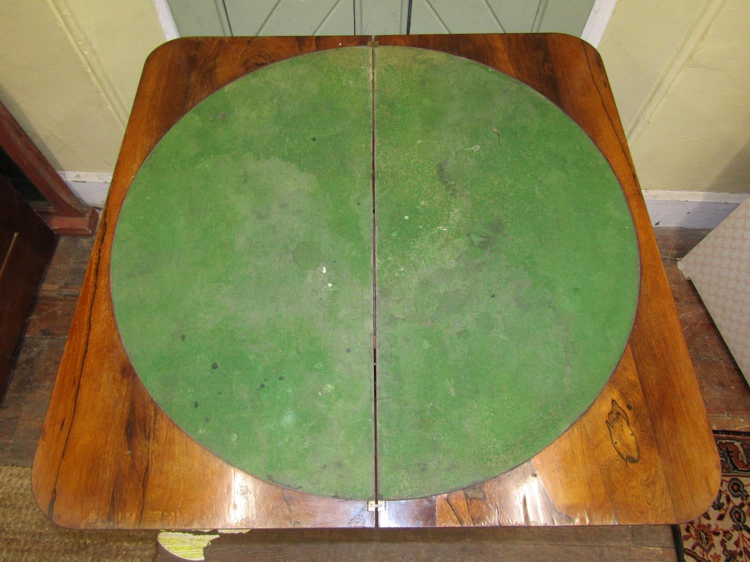 A late Regency rosewood D end fold over top card table with vase shaped pillar and platform base - Image 3 of 4