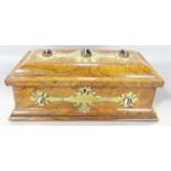 A Victorian burr walnut glove box, with Gothic brass mounts inset with tiger’s eye semi precious