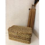 A Daler-Rowney portable beech wood artists easel with a cane hamper containing art materials: Winton