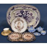 A collection of china comprising a miniature Wedgwood tea set, large oval meat plate, Copeland cup