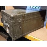 A vintage heavy gauge US Army signal corps trunk with stitched leather side carrying handles 75 cm