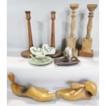A collection of miscellaneous items including two pairs of wooden candlesticks, a pair of wooden