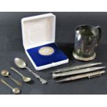 A mixed selection of silver including two English silver propelling pencils by 'JM&Co', a further