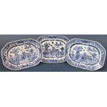 Three Chinese export blue and white dishes of elongated octagonal form with landscape detail, set
