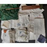 Mixed box of textiles including a vintage oriental robe (made in Singapore), oriental paper
