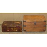 An Indian hardwood box with hinged lid and decorative brass inlaid detail, 38 cm wide x 26 cm deep x