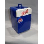A small portable electric fridge with Pepsi Cola advertising 30 cm wide x 33 cm deep x 44 cm high