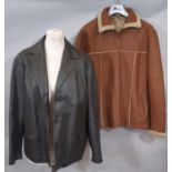 Two vintage leather ladies jackets comprising a tan coloured leather jacket with fleece lining