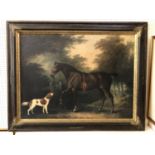 After George Stubbs (1724-1806) - Bay Horse with dog, framed print on canvas with craquelure finish,