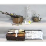 A selection of silver plated Apostle spoons, glass decanter, a wooden box, a pair of silver plated