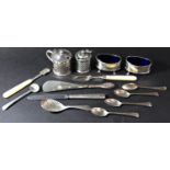 Two silver oval salts, four teaspoons, mustard spoon, together with a silver handled shoe horn and a