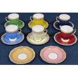 Six colourful Copeland Spode Ryde coffee cups and saucers, two extra saucers, together with a