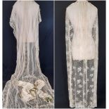 2 early 20th century bridal lace veils; one has very long train length 3.5m, width widens from