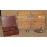 19th century mahogany work box with hinged lid and partially segmented interior, together with a