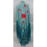 Ladies silk 'piano' shawl circa 1930's in sea green ground with teal fringe and large red/pink