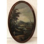 19th Century School - Oval framed landscape scene, oil on canvas board, unsigned, 82 x 52 cm