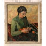 ELIZABETH L. POWELL (20th century) - 'Woman Knitting', oil on canvas, initialled lower left with