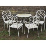 A set of four Regency style painted cast metal garden armchairs with lattice seats and simulated