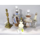 A collection of table lamps in brass, ceramic, glass, etc, (together with a ceiling light- three