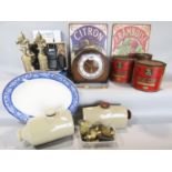 A miscellaneous collection of items including, two French tin adverts 'Framboise' and 'Citron', an