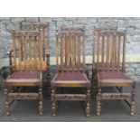 A set of six (5&1) 1920s oak rail back dining chairs with carved cresting rails and stretchers