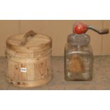 A vintage Blow glass butter churn, together with a coopered oak and staved tapered dairy tub and