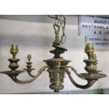 A cast brass hanging ceiling light with knopped stem and eight scrolling branches, 75 cm drop (af)