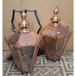 A pair of Victorian style copper exterior lanterns of hexagonal and tapered form, complete with cast
