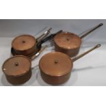 Four vintage copper and tin lined saucepans complete with lids (two sizes), together with three