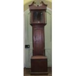 A Georgian oak longcase clock case, the door cross banded in walnut, the hood with swan neck pedim