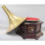 An unusual octagonal HMV wind up gramophone with detachable brass horn.