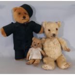 3 teddy bears including a mid 20th century Chiltern type bear with stitched nose, mouth and claws,