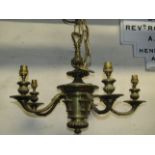 A good quality cast brass hanging five branch electrolier with acanthus and further decorative