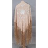 Ladies silk 'piano' shawl circa 1930's in pink/blush/ beige ground with ivory coloured embroidery.