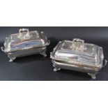 A pair of Goldsmith Alliance Georgian Neoclassical style silver plated tureen with bain-marie base