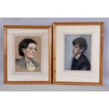 Ursula Bradley - Two conté portraits of a young man and a woman, one signed below, 24.5 x 34 cm,