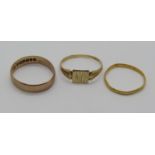 Three gold rings; 22ct wedding ring, 1.2g, 9ct signet ring and 9ct wedding ring (9ct 3.2g total) (3)