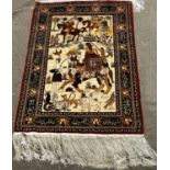 An unusual small silk Middle Eastern rug depicting a wealthy woman riding mystical camel surrounded