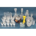 A selection of mixed glassware including decanters, a yellow posy vase, vase, wine glasses, a